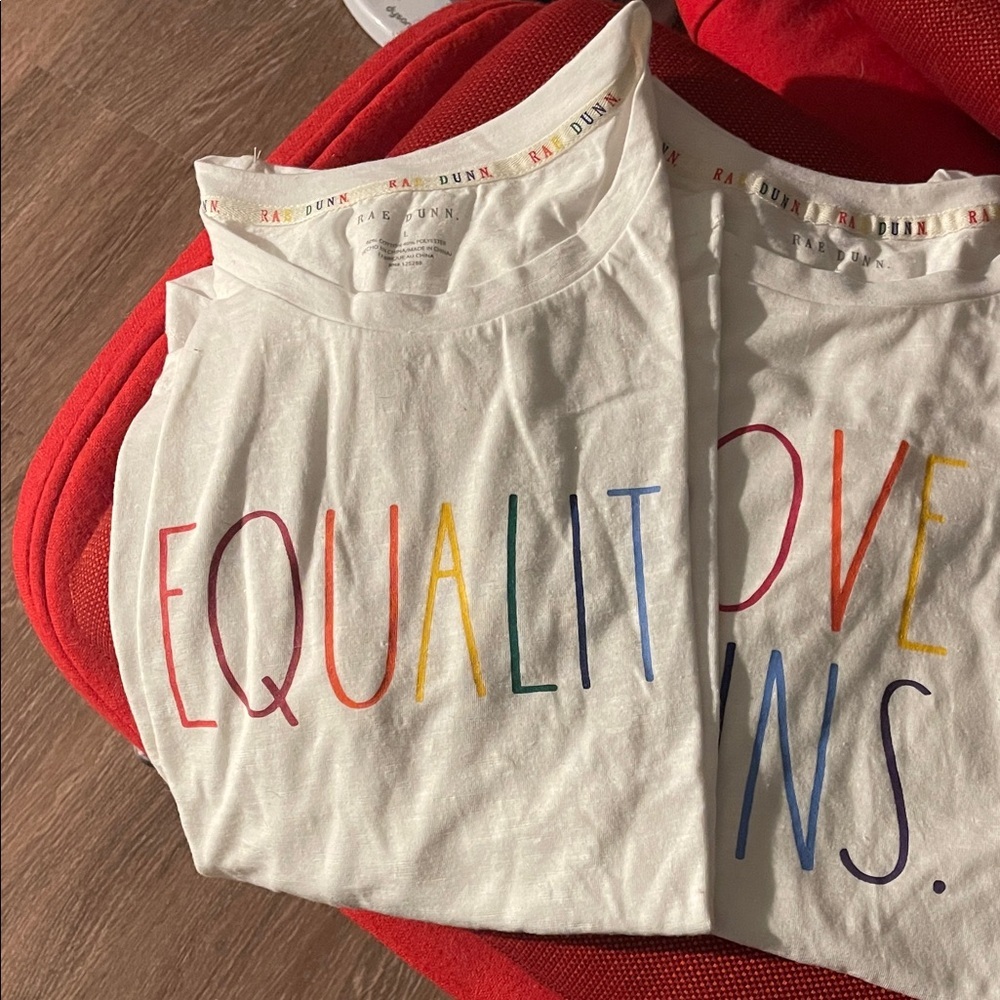 Rae Dunn Pride NWOT love Wins & Equality Tees - White with Rainbow Letters